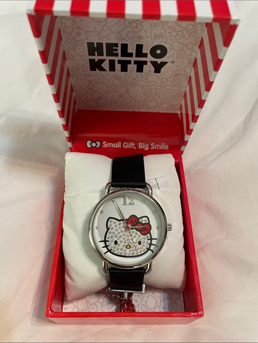 Hello Kitty Black Strap Watch with Red Bow and Crystal Face